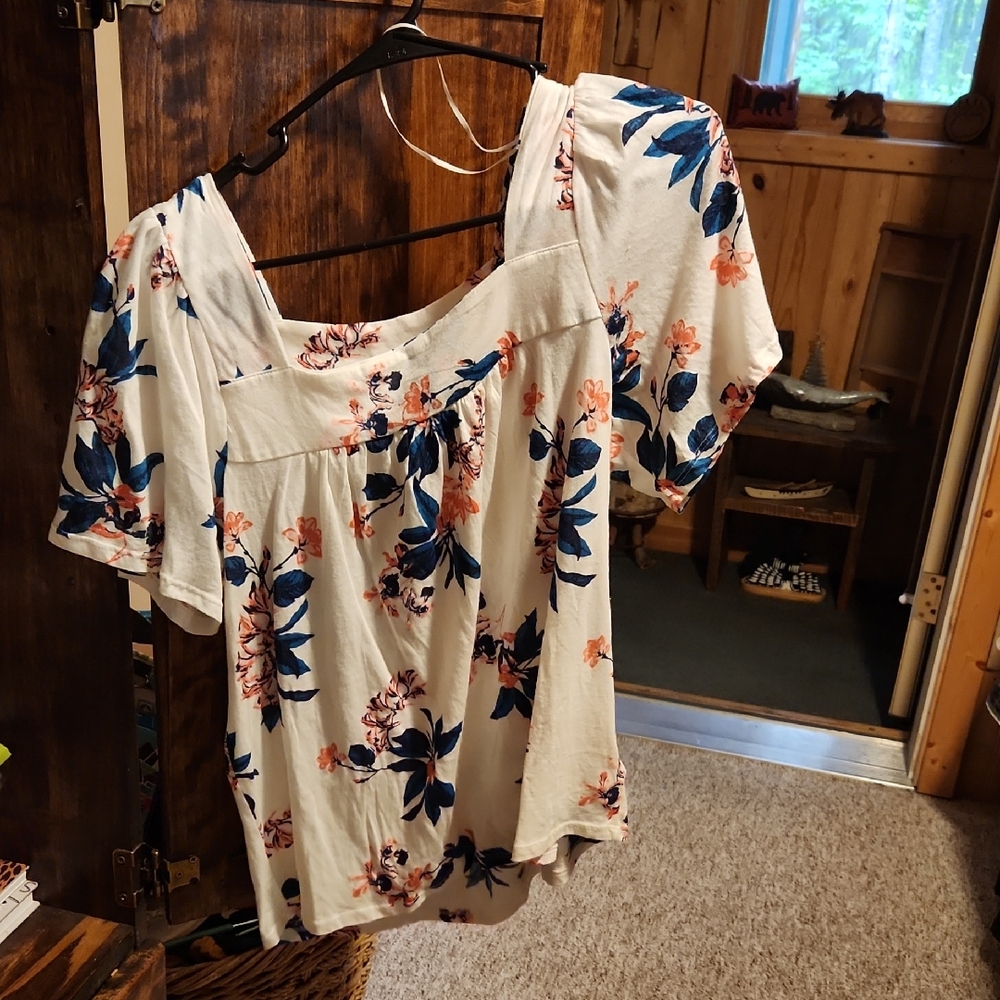 Lucky Brand Cream and Blue Flutter Sleeve Blouse Medium